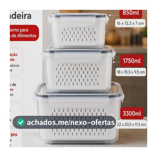 Kit 3 Organizadores Geladeira Alimentos Legumes Verduras Frutas Transparente Com Tampa Trava Hermético Escorredor - Starhouse