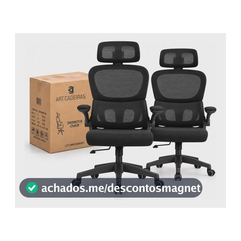 Kit 2 Cadeiras Escritório Mesh Ajustável Lombar Nr17 Preto Espuma De Alta Densidade