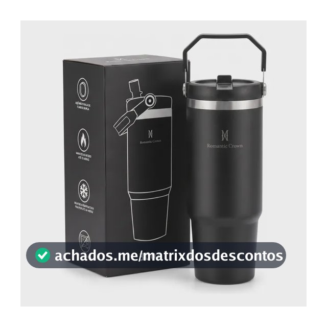 Garrafa Térmica Inox 900ml Tampa Flip Straw Canudo Com Alça Preto