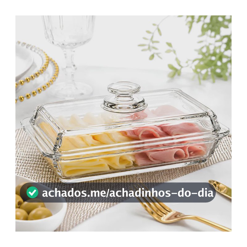 Porta Frios Vidro C/ Tampa Queijo Presunto Luxo Divisória Cristal Elegante Mesa Posta Marca: MultiOn