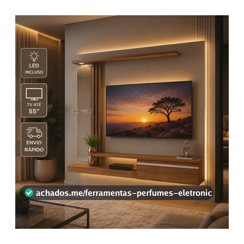 Painel Rack Suspenso Tv 55  Led Prateleira Denver Led Cinamomo/off White