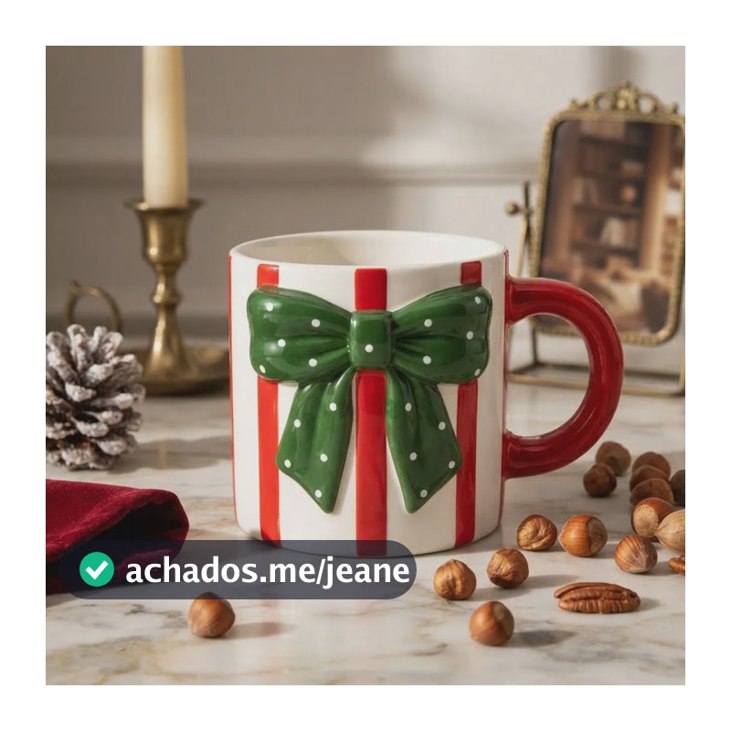 Caneca Natalina Cerâmica Laço 13cm Presente Decoração Natal