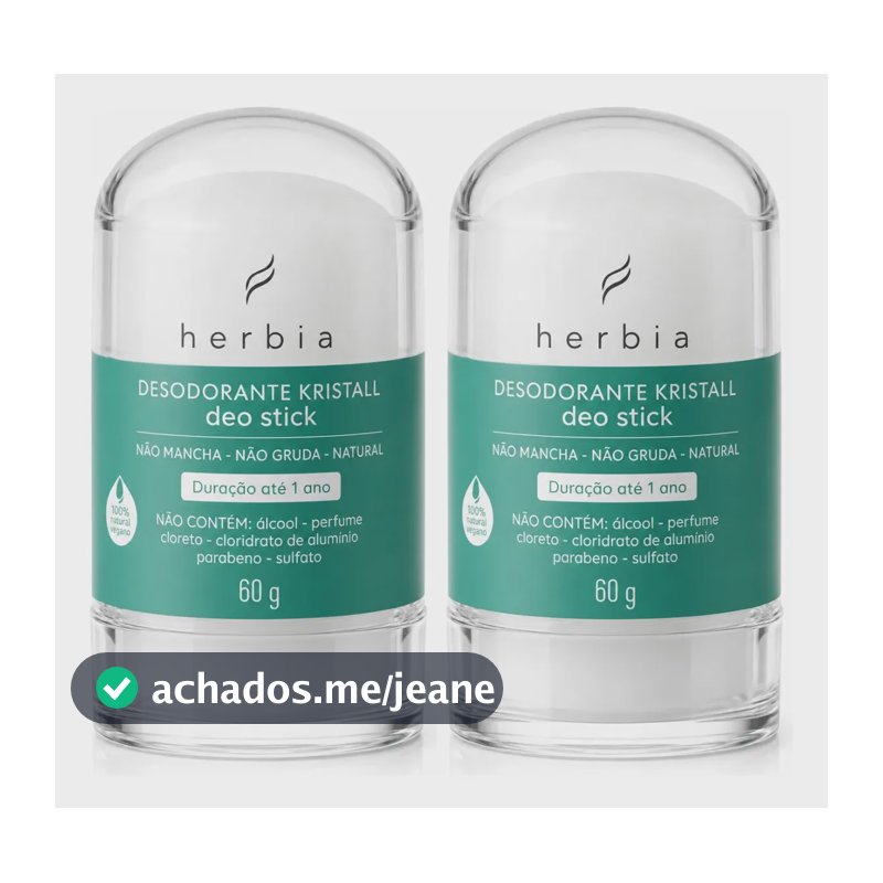 Kit 2 Desodorante Pedra Sal Cristal Vegano Herbia Kristall Deo Stick 60g Sem Alumínio Sem Perfume Natural Sem Parabenos Antiodor