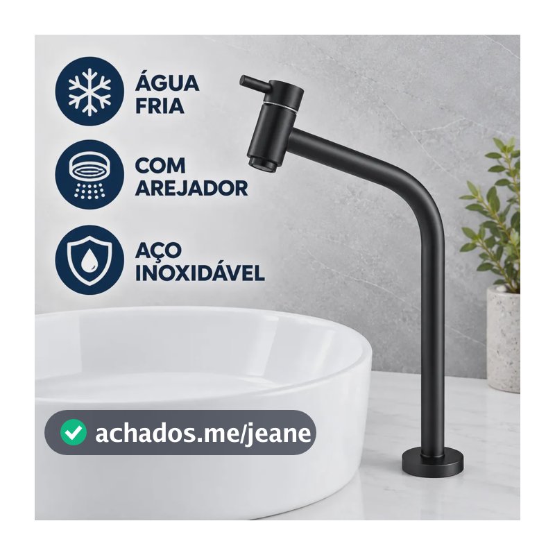 Torneira de Bancada para Cuba de Apoio Inox Preta Fosca Bica Alta Água Fria