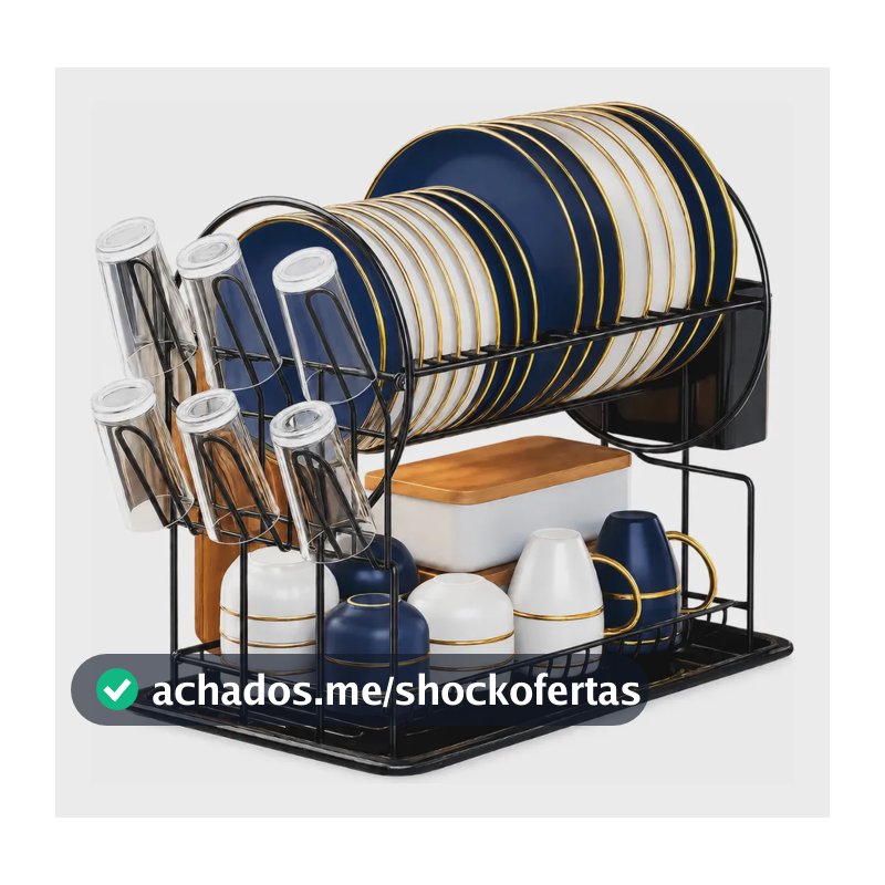 Vittak Escorredor De Louças 19 Pratos 2 Andares Porta Copos Talheres Com Bandeja Preto Aço Inox