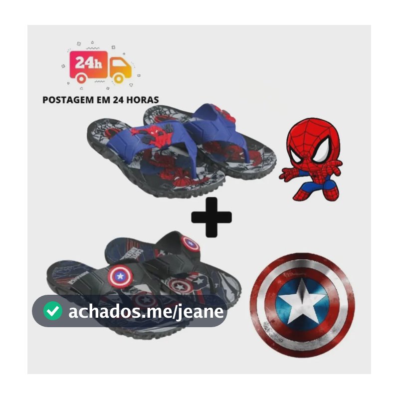 Kit 2 Chinelo Infantil Masculino Desenho Personagem 25 Ao 32 Homem Aranha/capitão America 31.32 Br
