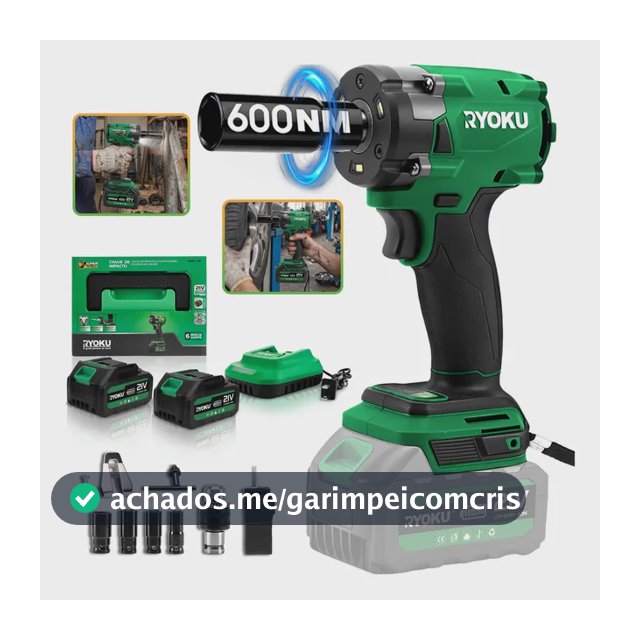 Chave De Impacto Brushless 21v 2 Baterias 600nm 1/2  Ryoku Verde 127/220v 50 Hz/60 Hz