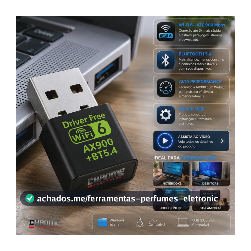 Adaptador Usb Wifi 6 Bluetooth 5.4 Alta Velocidade Placa Wi-fi Blueetoth Adaptador Wi-fi Pc Placa Wifi Pc notebook etc Adaptado Wireless Sem Fio Receptor Internet Marca Chrome Technology