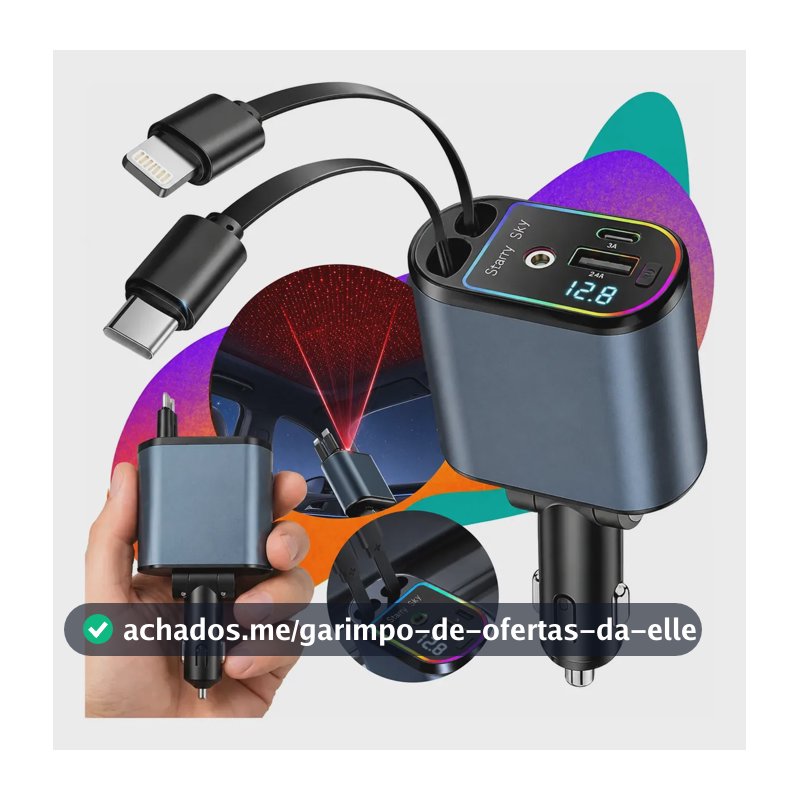 Carregador Veicular Retrátil Turbo 120W 4 em 1 Com 2 Cabos Para Carros Caminhão Carga Rápida Tipo-c E USB Compatível Com iPhone Samsung