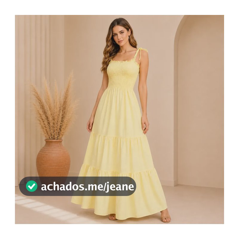 Vestido Longo Franzido Lastex, Tendência Verão Moda Femenina Amarelo Claro Un (38 - 42)