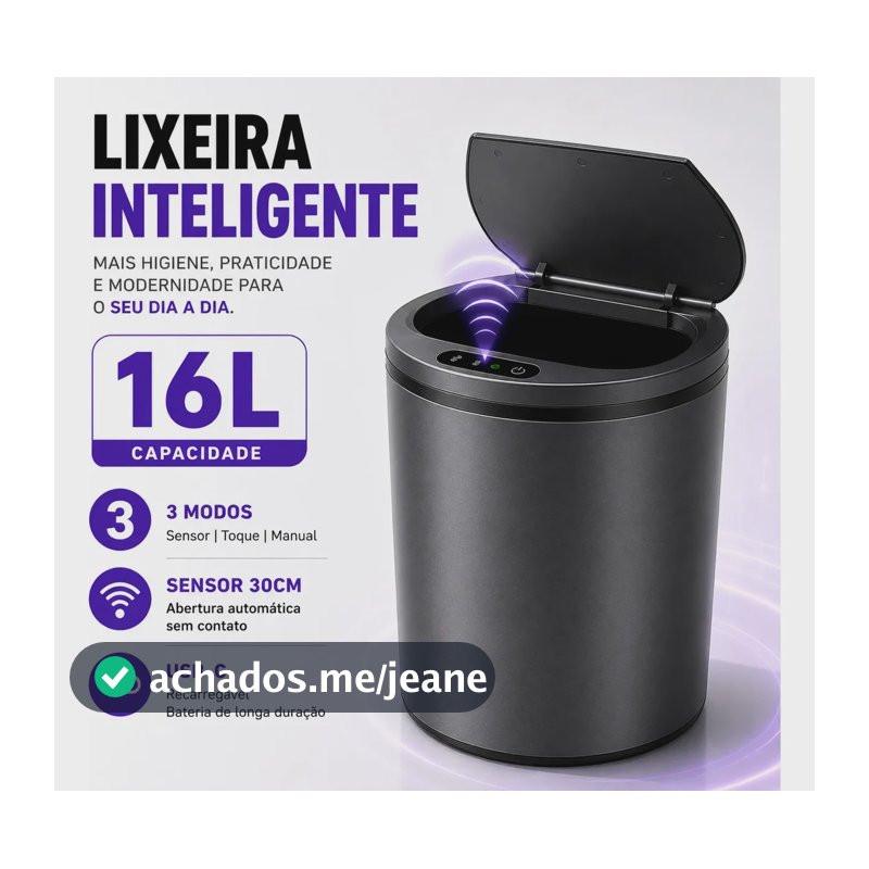 Lixeira Inteligente 16L Com Sensor Automático USB-C Para Cozinha Banheiro Cinza