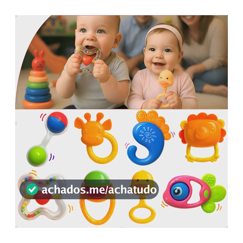 Kit Brinquedo Bebê 8 Pçs Chocalho Mordedor Musical Sensorial Colorido Diversos