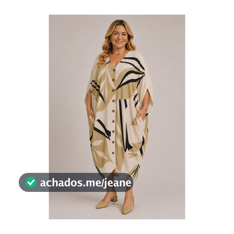 Vestido Feminino Chemise Plus Size Viscose Longo Soltinho Creme Folha Único