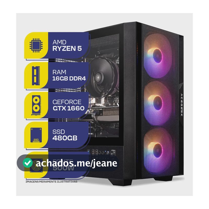 PC Gamer MCL, AMD RYZEN 5 5500, GTX 1660 S 6GB, 16GB DDR4, SSD 480GB, Fonte 500W 80 Plus