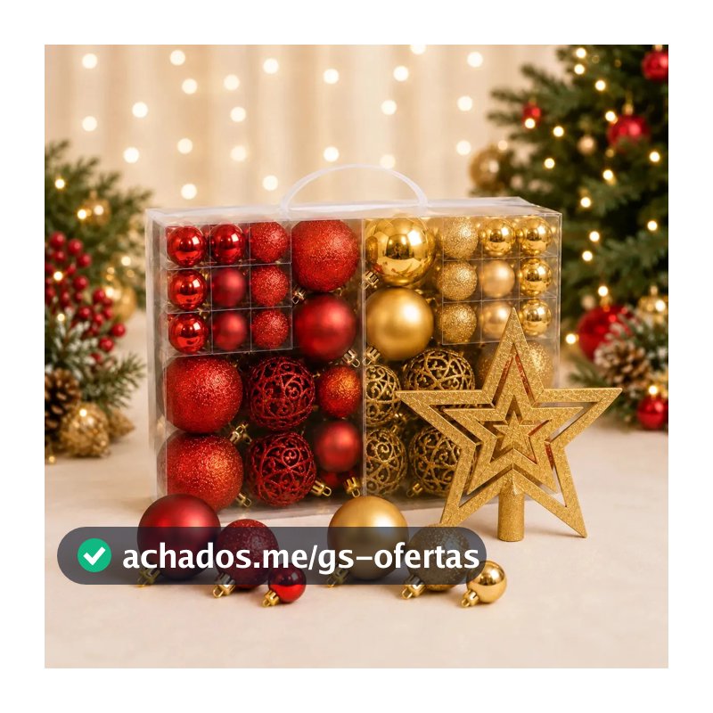 Kit Maleta 50 Bolas Pendentes + Estrela Ponteira Para Árvore De Natal Decoração Natalina Premium - Vermelho c/ Dourado