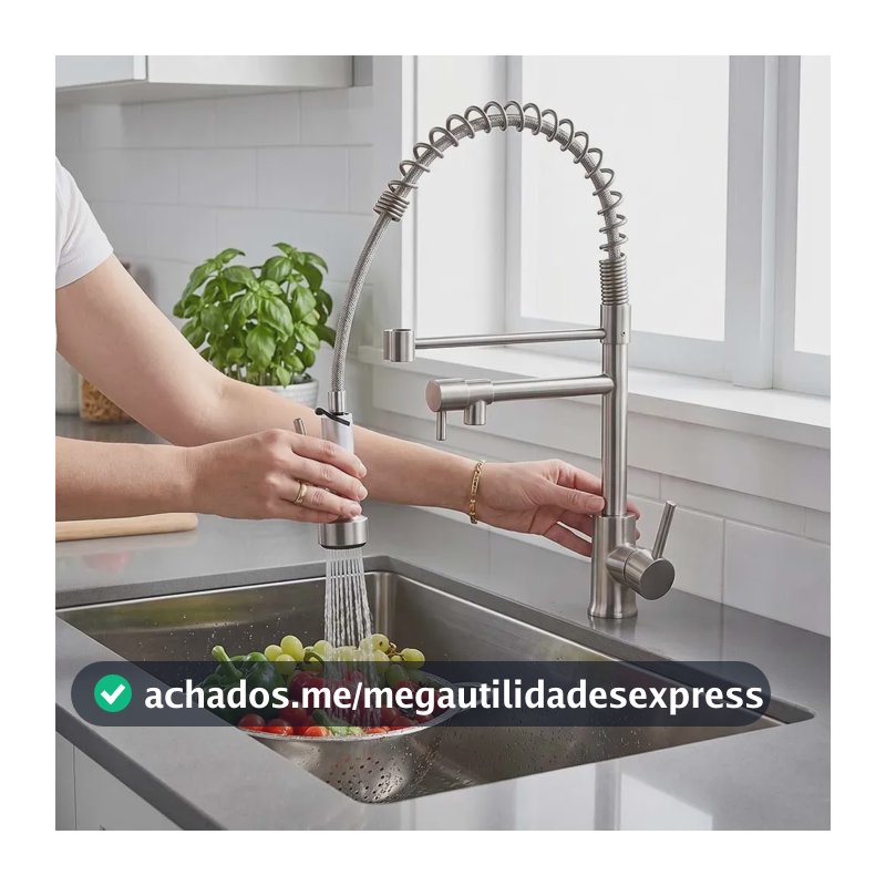 Torneira Monocomando de Cozinha Ducaly Flexível 360° para Bancada, com Jato Direto e Spray em Aço Inoxidável
