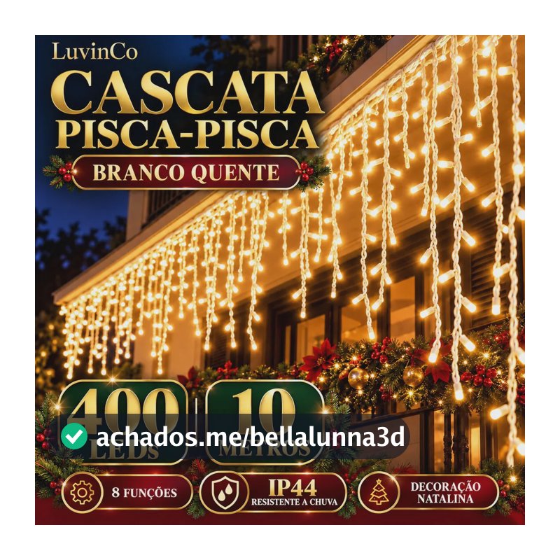 Cascata Pisca Pisca 400 Leds 10 Metros 8 Funções Decoração Luvinco Branco Quente 110v