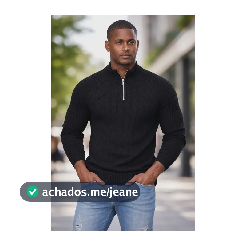 Blusa Tricô Masculina Meio Zíper Suéter Casual 7139 Preto Gg