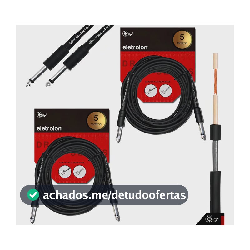 Kit 2 Cabos De Guitarra Violão Baixo Teclado P10 Mono X P10 Mono 5 Metros Profissional Para Instrumentos Pedais Amplificador Mesa Som Áudio Estúdio Palco Show Alta Durabilidade Som Limpo Reforçado