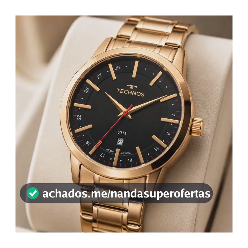 Relógio Technos Masculino Dourado de Aço Inox Analógico com Calendário