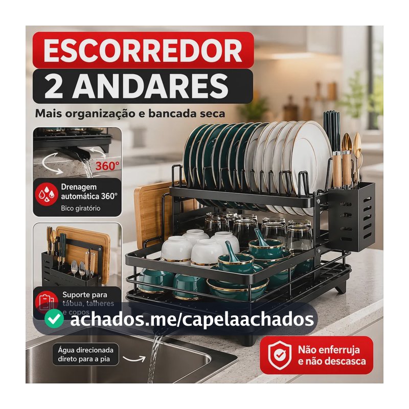 Escorredor De Louça Inoxidável 2 Andares Drenagem Automática Bandeja Grande 360o Organizador Pia Com Porta Talheres Tigelas Pratos