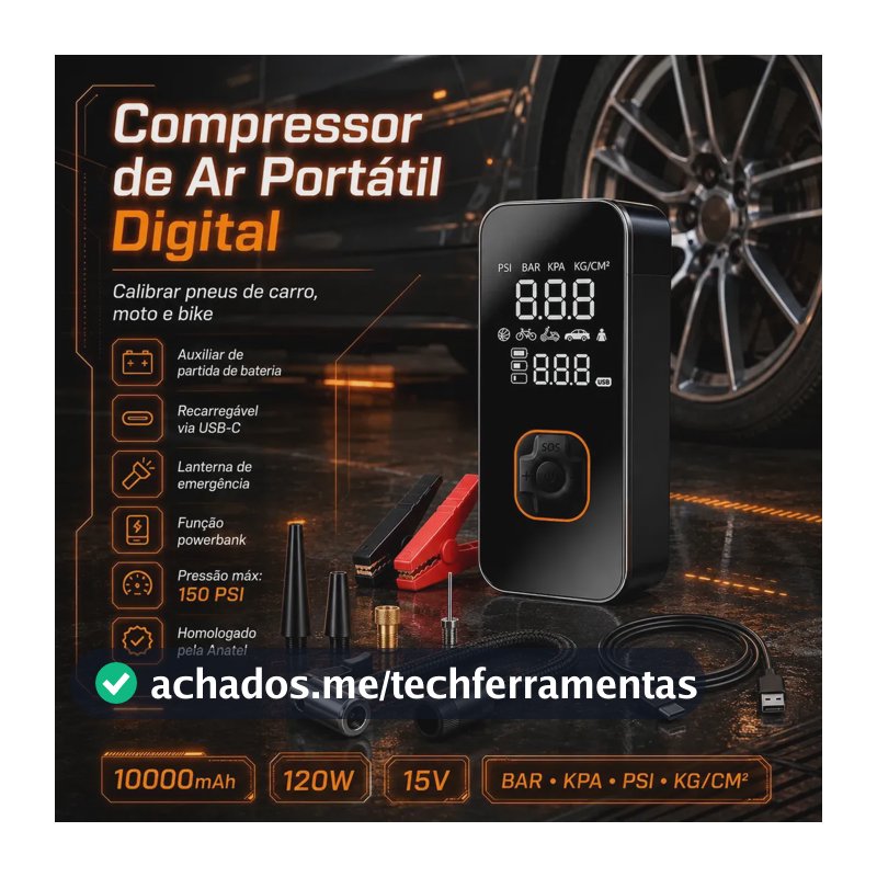 Auxiliar de Partida de Bateria Veicular Portátil Com Compressor de Ar Para Carro e Moto