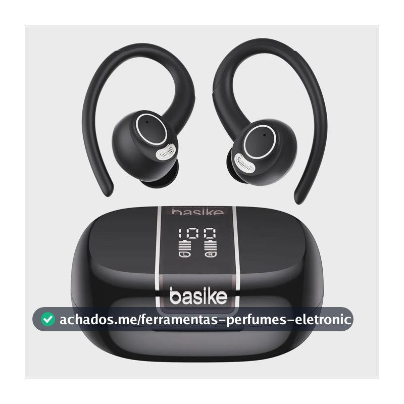 Fone de Ouvido Bluetooth Basike TWS Esportivo Com Cancelamento de Ruído e Gancho IPX4