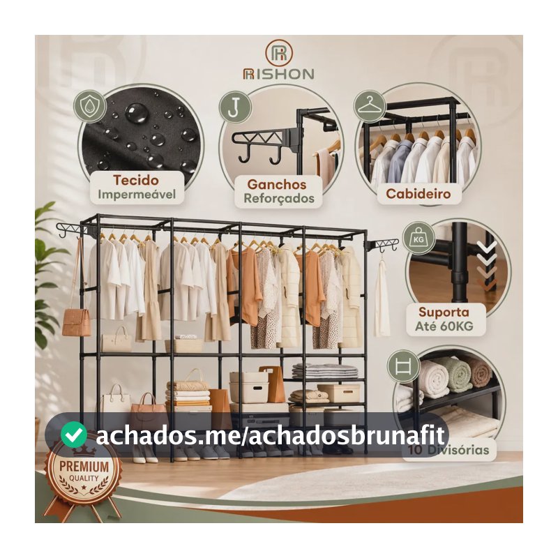 Guarda Roupa Dobravel Closet Aberto Organizador De Roupas Desmontavel E Arara Organizadora 4 Colunas Em Aço Resistente Rishon