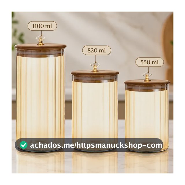 Kit 3 Porta Mantimento Vidro Canelado Âmbar Luxo Hermético
