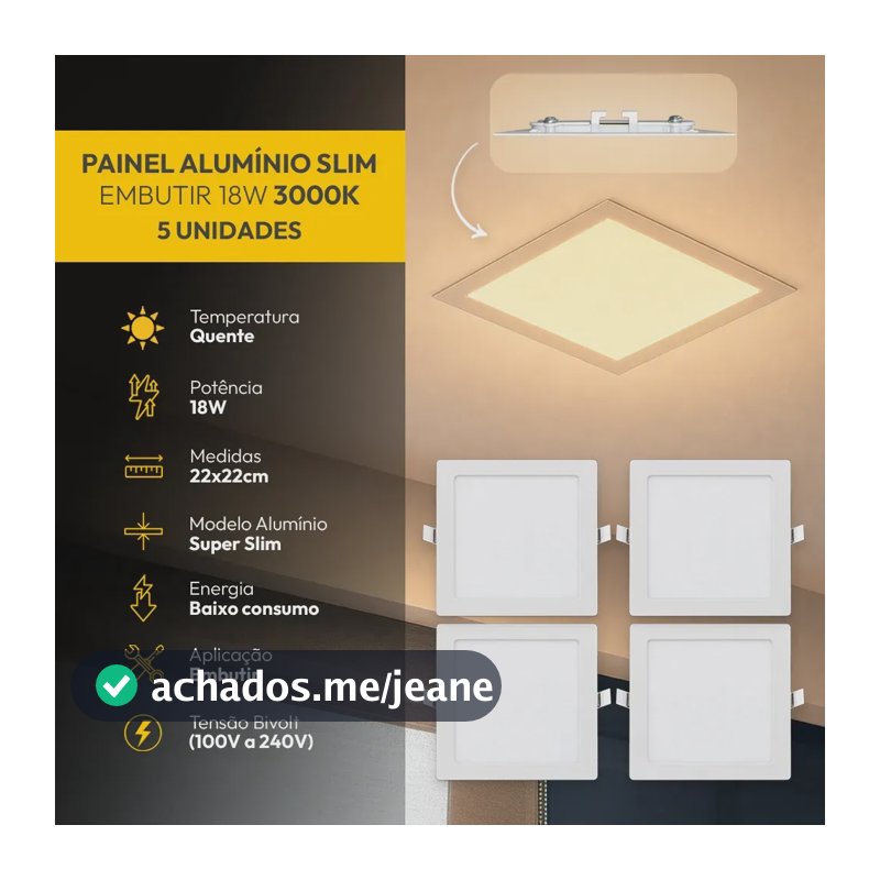 Kit 5 Painel Led Plafon Aluminio Super Slim Embutir 18w 3000k Branco Quente 22x22 Quadrado Espessura Fina Branco Cod: Alut190070-5 Alut By Avant