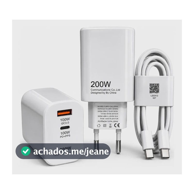 Carregador Turbo 200w Porta Dupla Usb-c Tipo C Super Rápida Branco