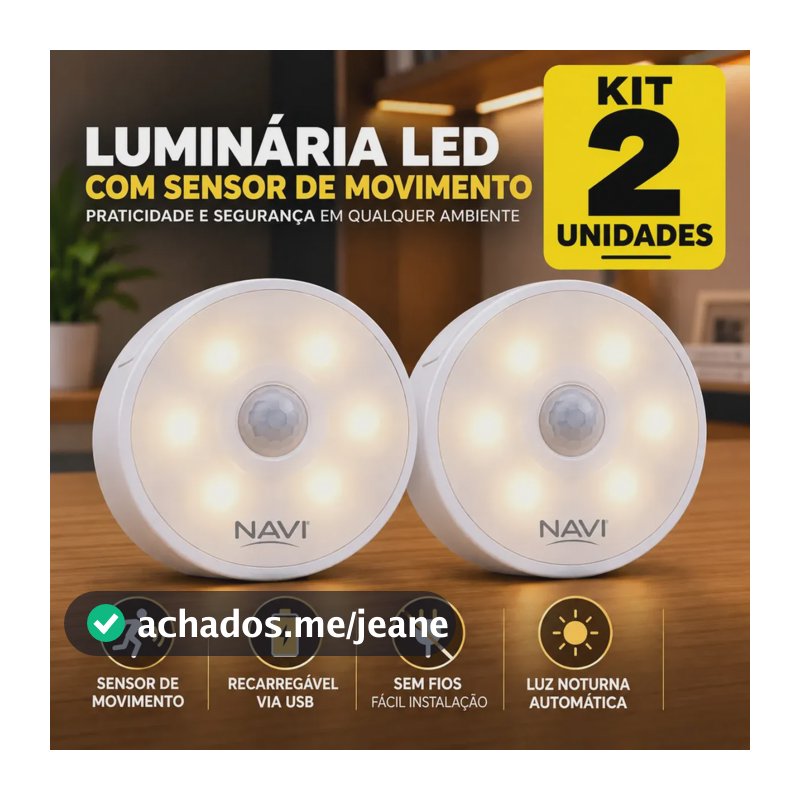 Kit 02 Luminária Led Recarregável Com Sensor De Movimento E Presença, Luz Noturna Automática Sem Fio Para Armário, Escada, Quarto E Parede Navi