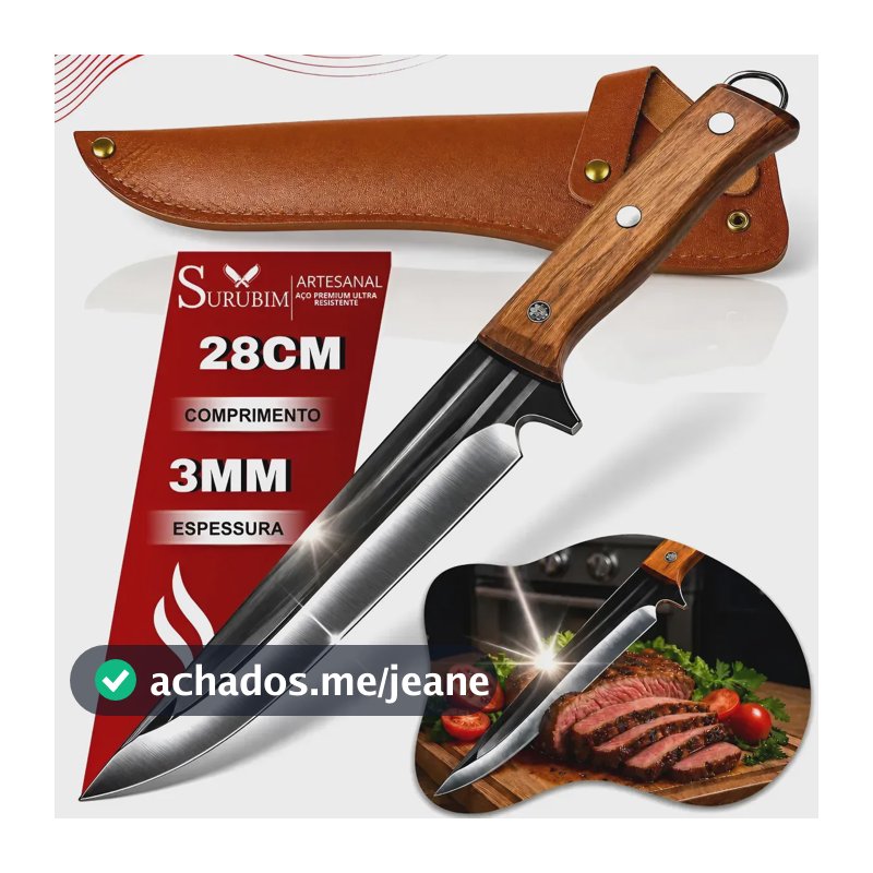 Faca Peixeira Artesanal 11pol Aço Inox Ultra Afiada Churrasco Cozinha Cabo Madeira Full Tang Bainha Premium Para Carne Picanha Costela Pesca Camping Chef Presente Gourmet Profissional Cutelaria Pro X