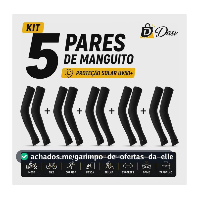 Conjunto Kit 5 Pares Manguito Proteção Solar Moto Manga Bike Motocicleta Braço Esporte Futebol Volei Pesca Trilha Dasv