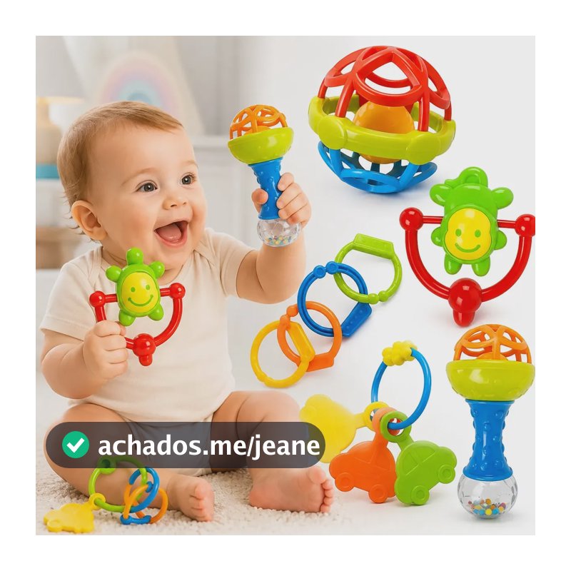 Kit Chocalho Bebe E Mordedores 8 Peças Estímulo Sensorial Brinquedo Educativo