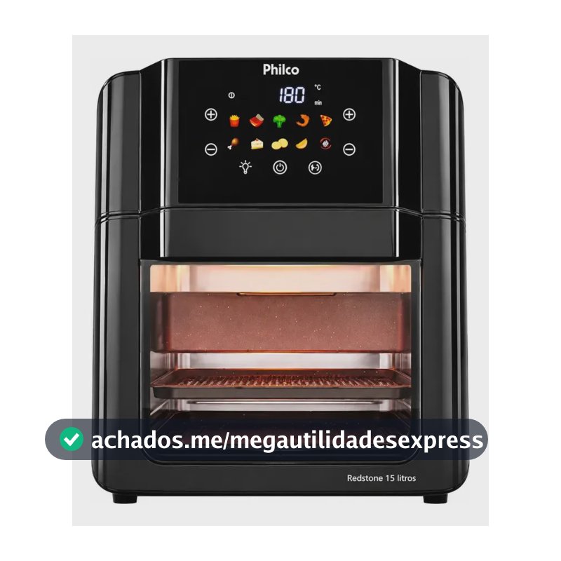 Philco PAF15C Fritadeira Air Fryer Oven 15 Litros Revestimento Redstone Porta Removível Luz Interna 10 Funções Preta