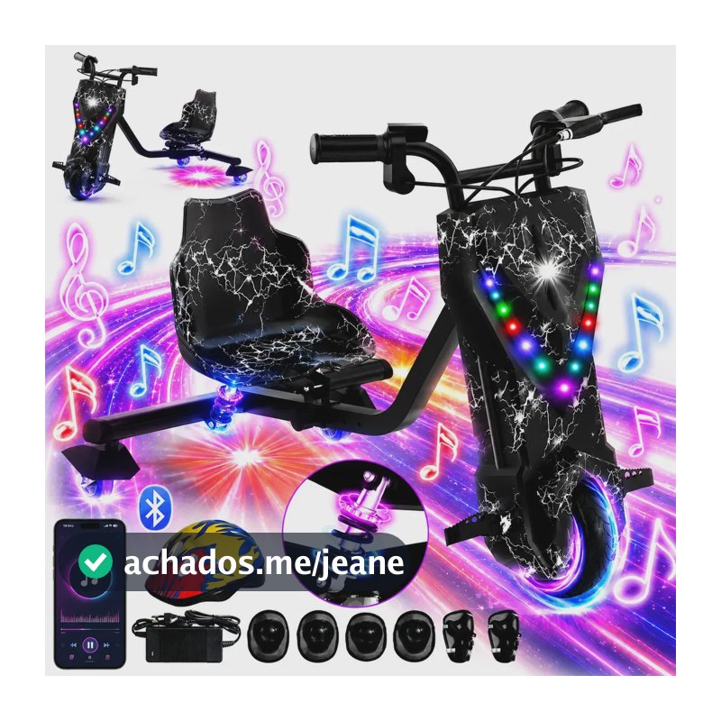 Patinete Elétrico Triciclo Drift Infantil 350W 36V Bluetooth LED 3 Velocidades Motor Brushless Luzes RGB Freio Manual Capacete Kit Proteção Bateria Lítio Ajustável Até 100kg Preto