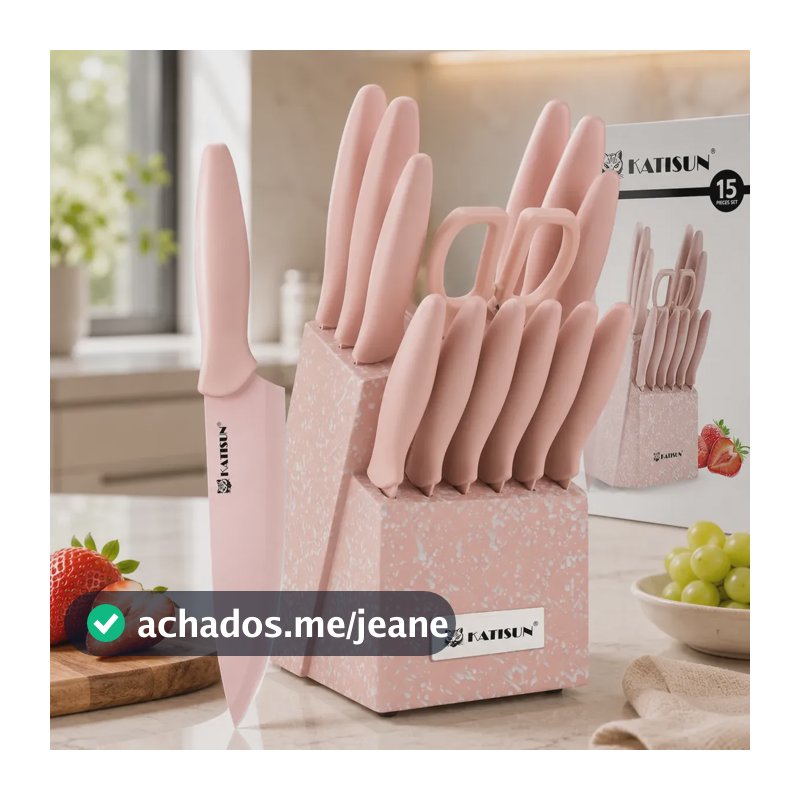 Conjunto Facas Cozinha 15 Peças Com Revestimento De Titânio Rosa
