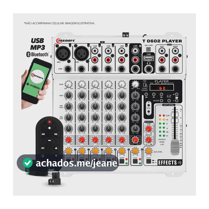 Mesa De Som Player T0602 Taramps Efeito Echo Fx Rca Xlr P10 T 0602 6 Entradas Mixer Equalizador Mp3 Usb Fm Bluetooth 6 Canais Som Automotivo