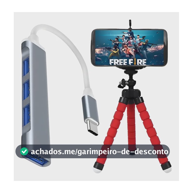Kit Mobilador Hub 4 Portas Usb Para Celular Tipo C + Tripé Prateado