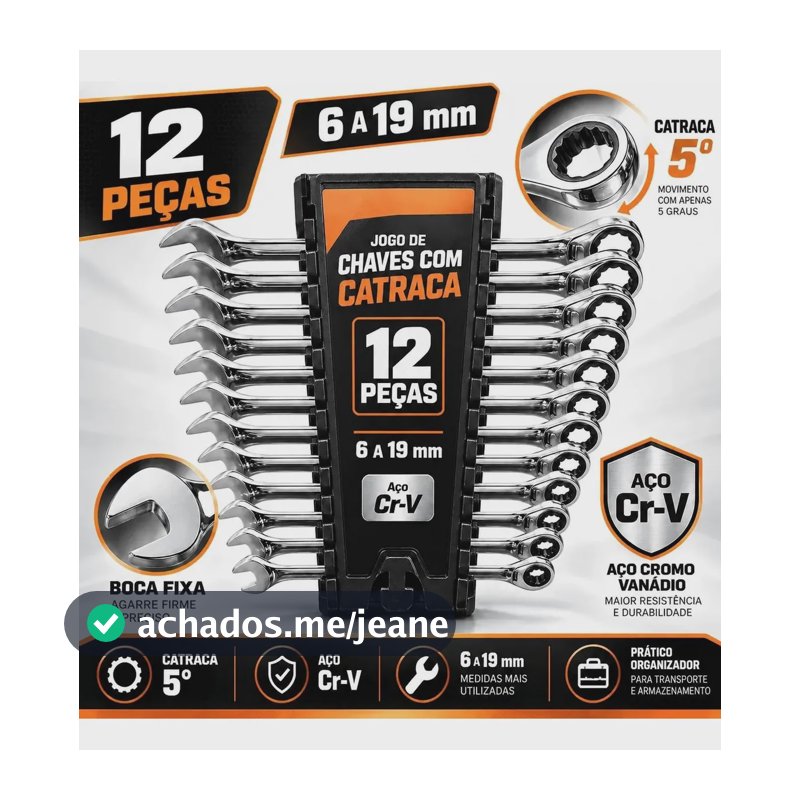 Jogo De Chaves Combinadas Com Catraca 12 Peças 6 A 19mm Cr-v Cinza