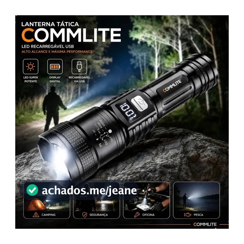 Lanterna Tática Recarregável Atualizada Led Visor Digital Zoom Telescopico ABS 3 Modos Iluminação USB Display Digital Zoom Potente Alta Potência Commlite