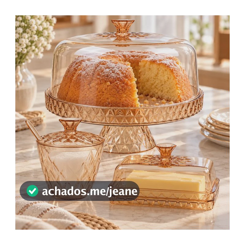 Boleira Alta Com Pé Com Manteigueira E Açucareiro Com Tampa Acrílico Resistente Âmbar Mesa Posta Ou Confeitaria