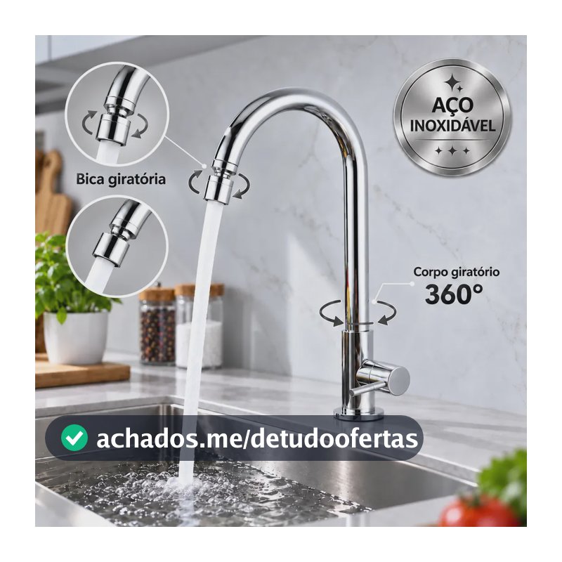 Torneira Cozinha Bancada Inox Cromada Água Fria Bica Alta e Corpo Giratórios com Arejador