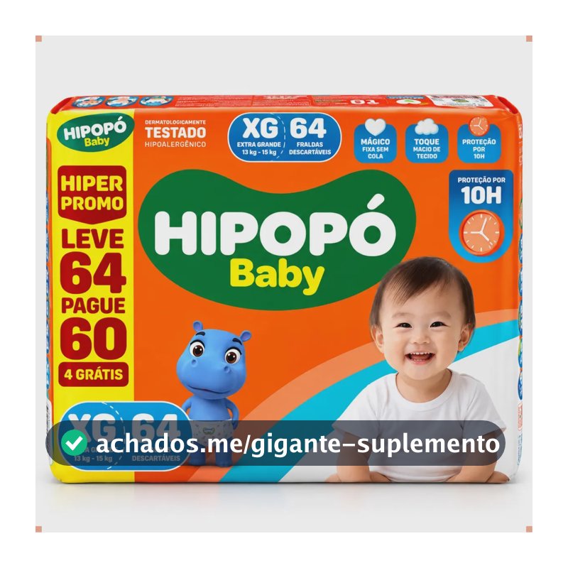 Fralda Descartável Hipopó Baby Hiper Promo XG, Com 64 Unidades Para 12 a 15 kg