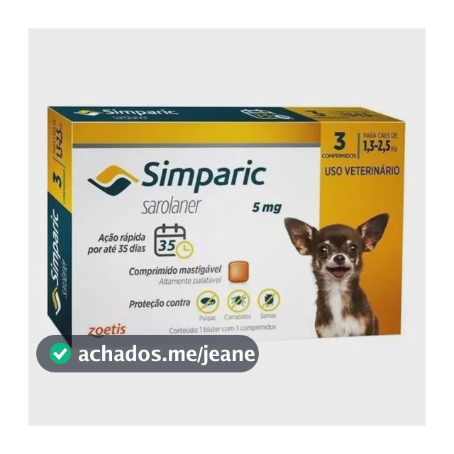 Simparic 5mg Zoetis para Cães 1.3-2.5 kg 3 Comprimidos