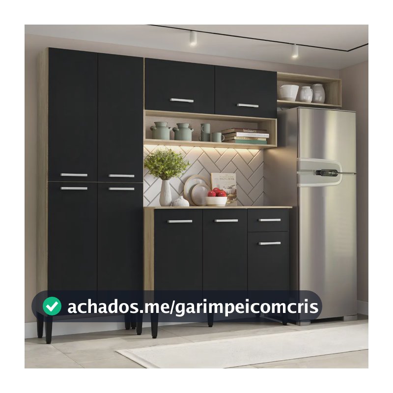 Cozinha Compacta Arizona Glam Com Armário E Balcão Carraro Cor Carvalho/Preto