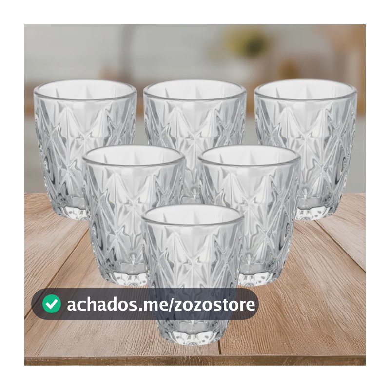 Jogo 6 Copos Diamond 300ml Vidro Grosso Diamante Lapidado
