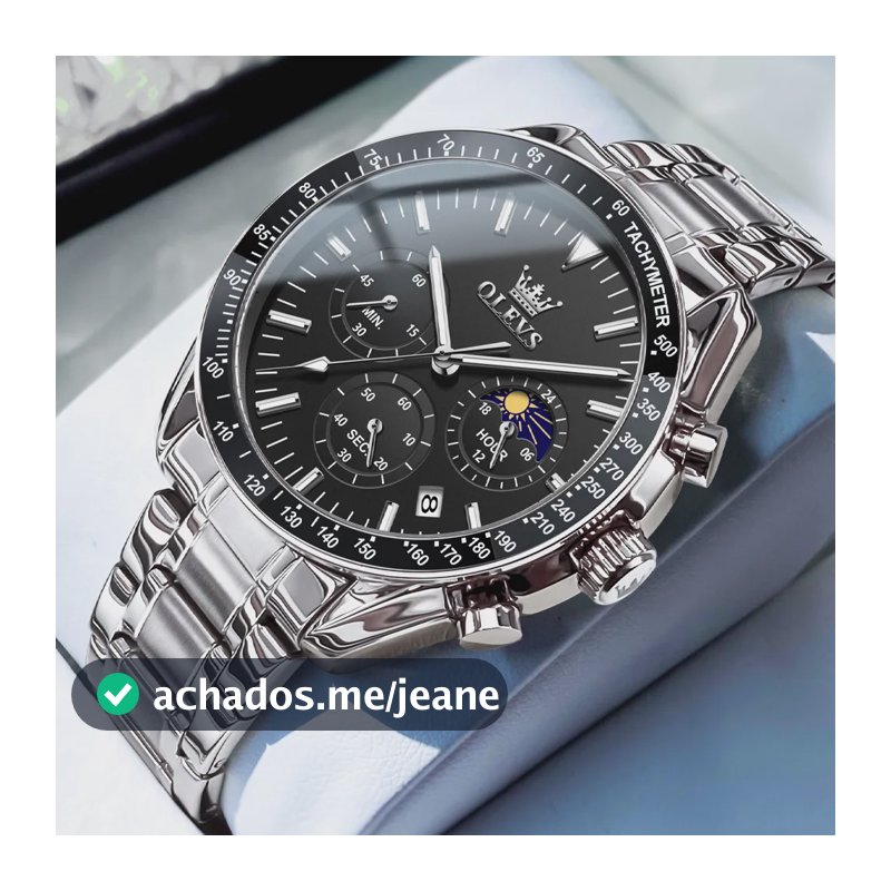 Olevs Relógio Masculino Original Preto Aço Quartzo 3618 Prateado Preto