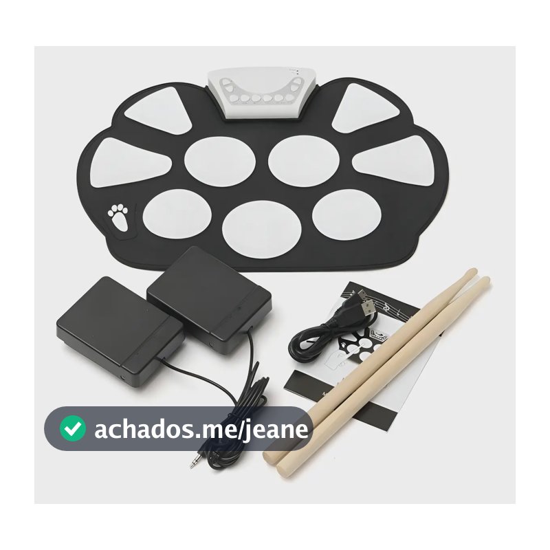 Bateria Eletrônica Musical Drum Dobrável Silicone 2 Pedais Cor Preto